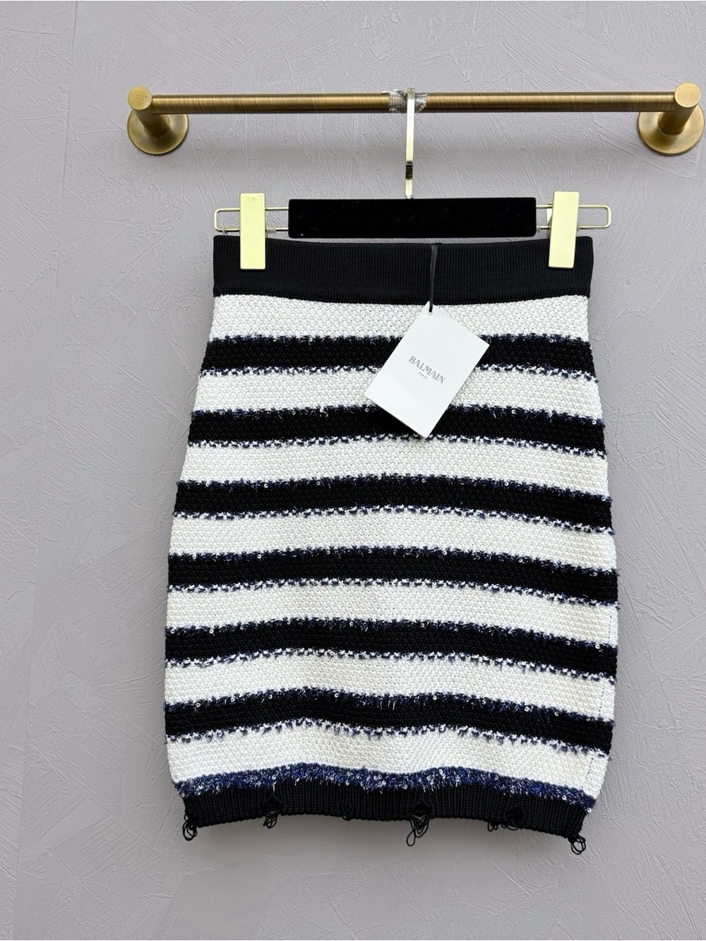 Balmain Black and White Striped Knit Mini Skirt